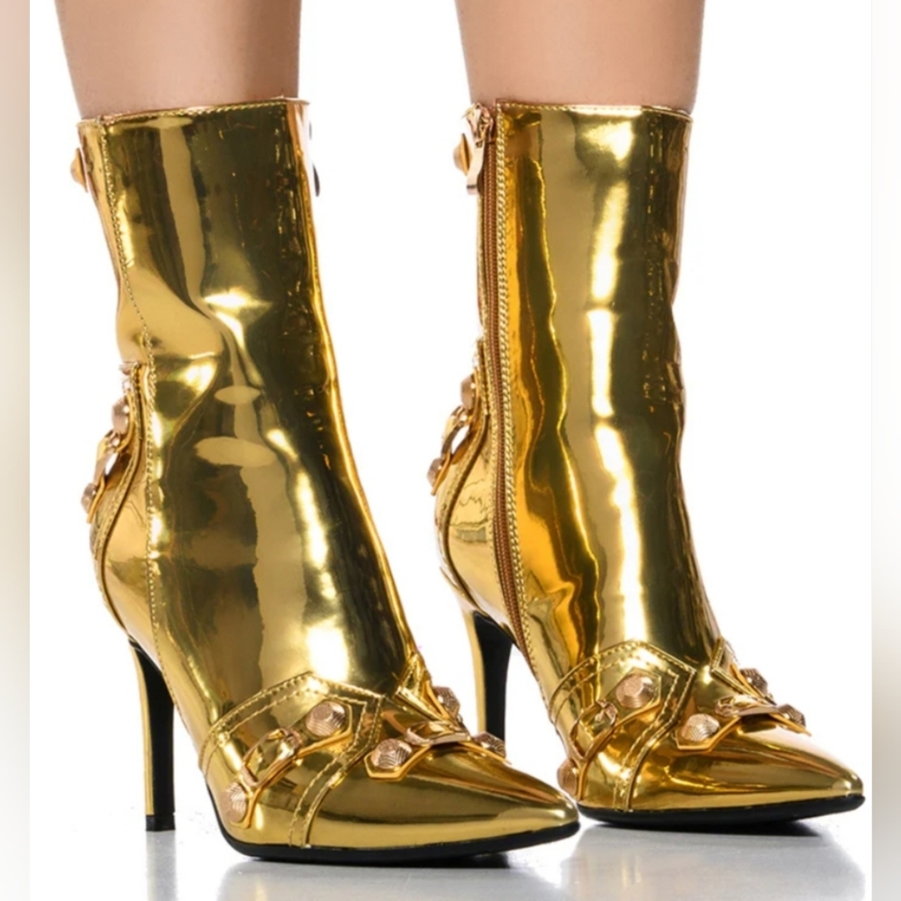 AKIRA Metallic Gold Pointed Toe Stiletto Ankle Booties